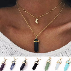 Crystal Stone Collarbone Necklace Hexagon Pendant with Moon Necklace