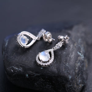 Dangle Earrings BALLET Natural Milky Blue Moonstone Crystal 925 Sterling Silver